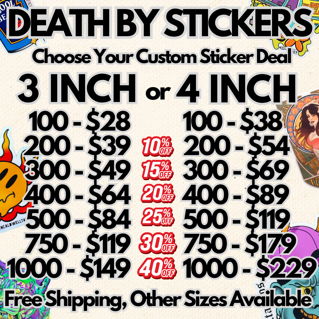 Death Sticker Death By Stickers - Custom Printed White Vinyl & Holographic Stickers
